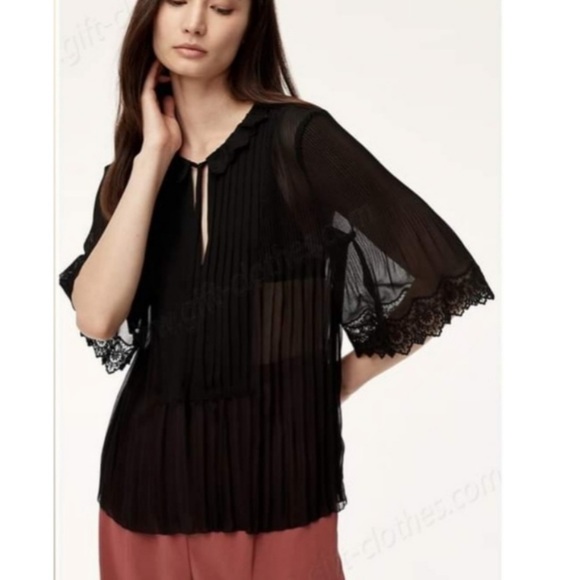Aritzia Wilfred Matthieu Blouse Pleated Lace Trim Collar Tie Neck Black Small S - Picture 1 of 11